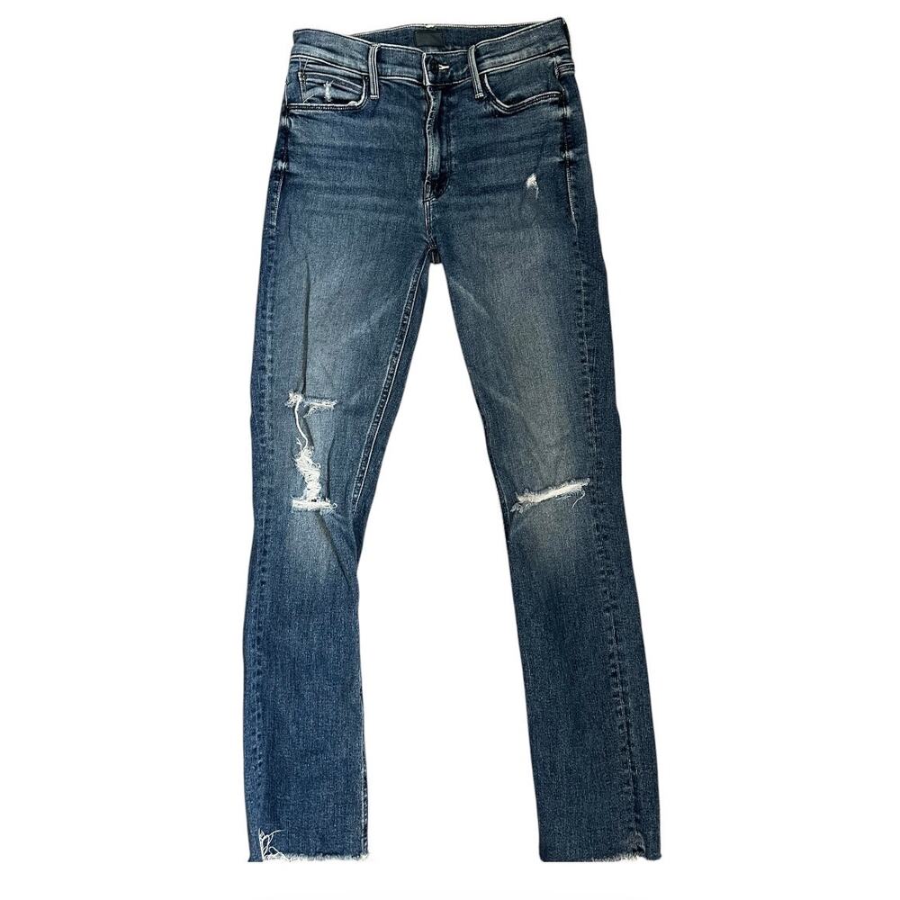 Mother the Mid Rise Dazzler Ankle Fray Jeans distressed medium wash cropped 26